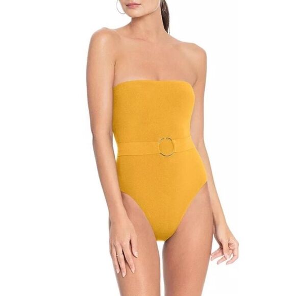 Robin Piccone Luca Bandeau Strapless One Piece Swimsuit Belted Mustard Womens 10 - Picture 1 of 15